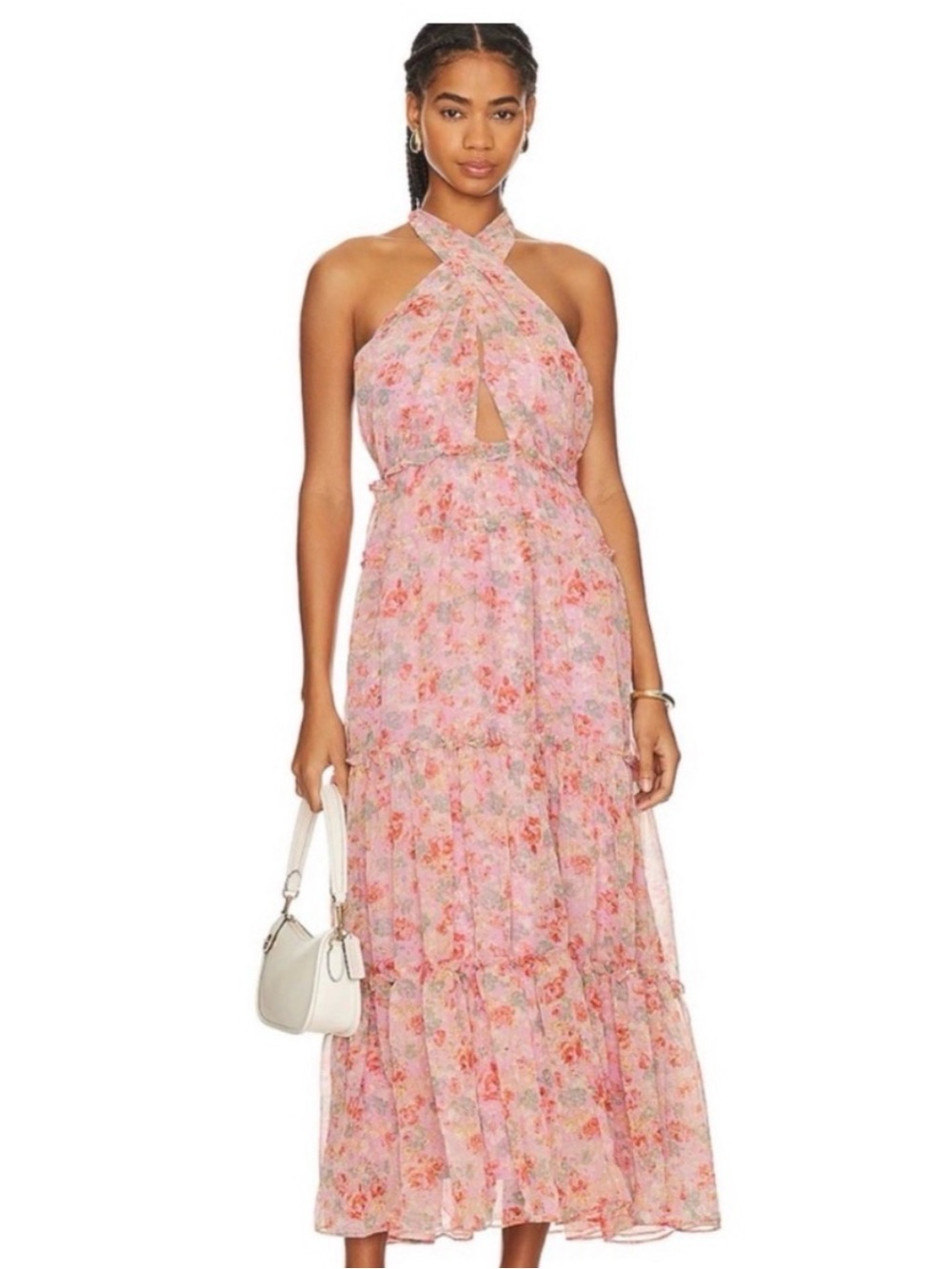 Astr Pink Floral Halter Maxi Dress with Keyhole